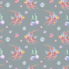 Colorful angelfish, seaweed, shells and bubbles in purple watercolor clipart seamless pattern on slate grey background. Nautical theme background for swimwear, planner covers, party decor, gift wrap