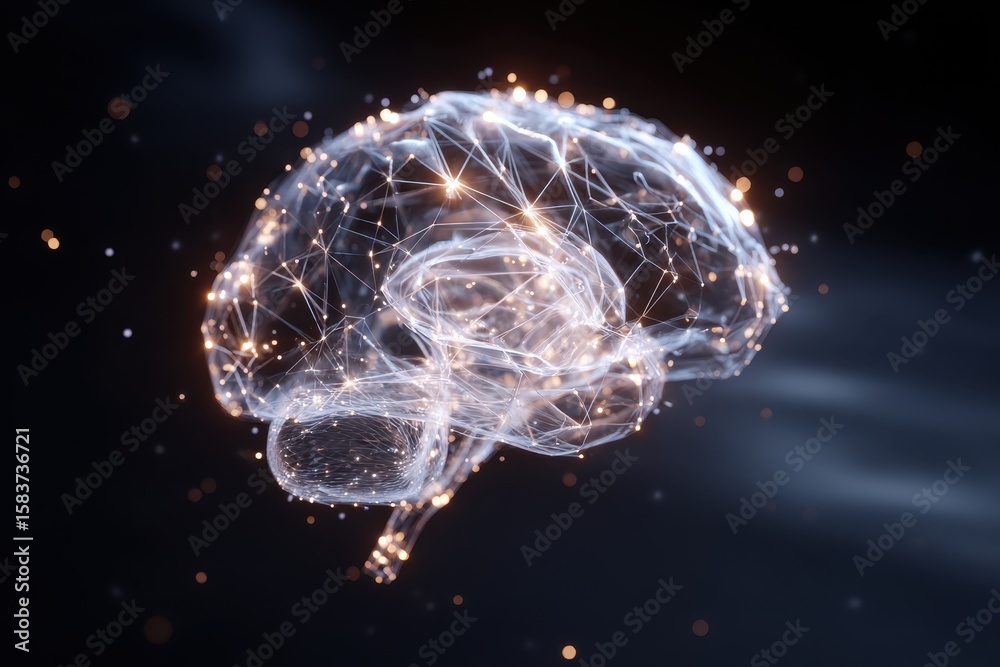 Poster glowing digital brain shape representing advanced neural networks and artificial intelligence in a d