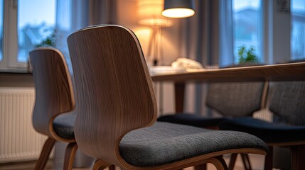 Wooden dining chairs with upholstered seats in a modern dining room.