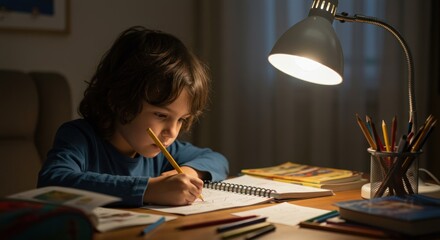 Child drawing or writing at a desk under a bright lamp in a room.