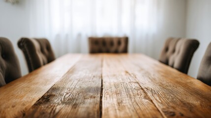 Wooden dining table with upholstered chairs.