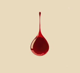 Minimalist illustration of a single drop of blood suspended on beige background