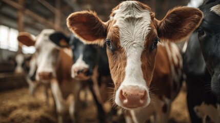 agriculture industry, farming and animal husbandry concept - herd of cows in cowshed on dairy farm, no logos, no brands