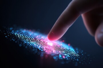 Digital fingerprint glowing under fingertip represents advanced biometric security technology in a dark environment, emphasizing its importance in modern identity verification processes