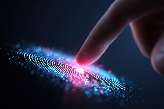 Digital fingerprint glowing under fingertip represents advanced biometric security technology in a dark environment, emphasizing its importance in modern identity verification processes - Powered by Adobe