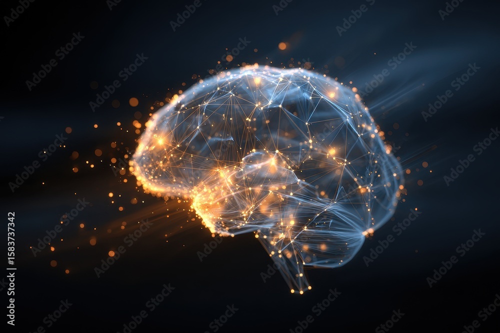 Poster digital representation of a glowing brain shape highlighting neural networks and connections, showca