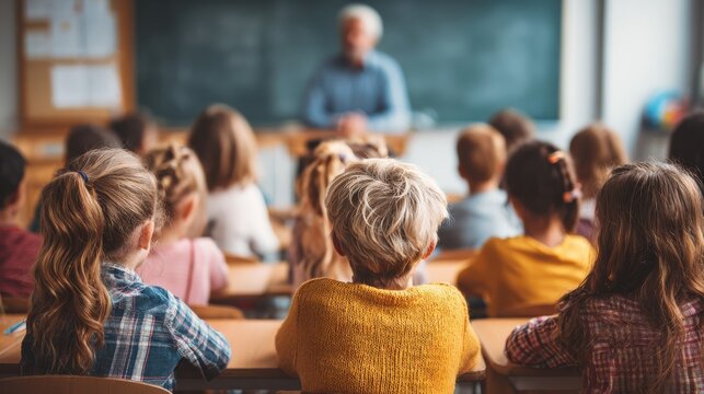 education, elementary school, learning and people concept - group of school kids sitting and listening to teacher in classroom from back, no logos, no brands - Powered by Adobe