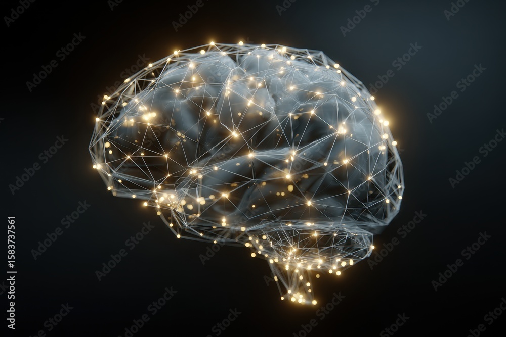 Poster glowing digital brain representation highlighting neural network connections with illuminated nodes 