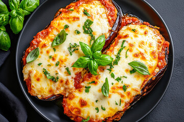 A delectable serving of cheesy eggplant parmesan garnished with fresh basil, nestled on a sleek black plate.