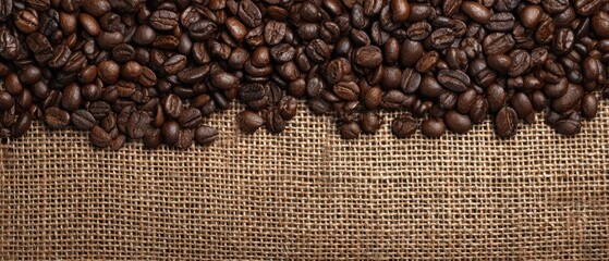 The display of roasted coffee beans on a textured burlap background.
