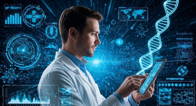 Scientist analyzing dna data on digital tablet in futuristic laboratory setting