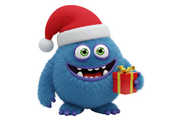 Isolated Happy Blue Monster with Santa Hat Holding Gift