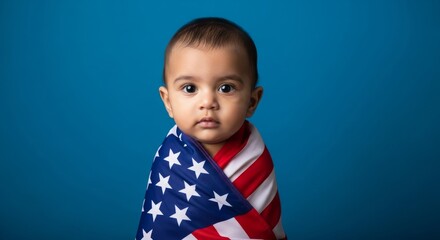 Adorable newborn Indian baby wrapped in the American flag, symbolizing patriotism, national pride, and the future of the United States—perfect for themes of citizenship and Americana.