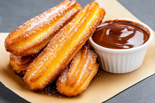Golden, crispy churros dusted with sugar served alongside a smooth, rich chocolate sauce.