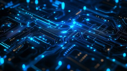Fototapeta premium Abstract digital network circuit board background banner with glowing light and connecting data dots in blue and black colors Big data technology concept