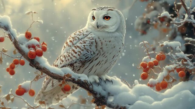 Snowy owl perched on a branch amidst snowy landscape and orange berries during winter