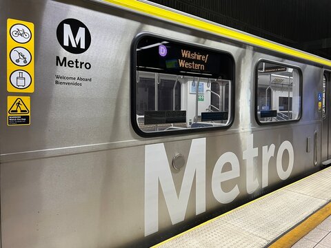LOS ANGELES, CA, JAN 14, 2025: exterior of new LA Metro train car showing "Welcome Aboard/Bienvenidos" text, and destination sign reading "Wilshire/Western" at Union Station, Downtown, platform