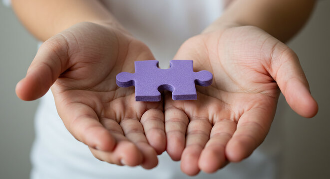"Child's Hands Holding a Purple Puzzle Piece Symbolizing Autism Awareness and Inclusion"