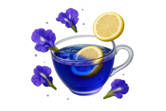 Butterfly pea tea with lemon slices on a transparent background, refreshing drink