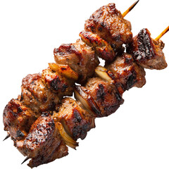 Grilled meat skewers isolated on transparent PNG background perfect for barbecue or food designs
