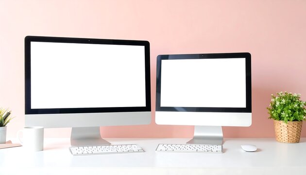 Two computers, white screens, pastel pink background