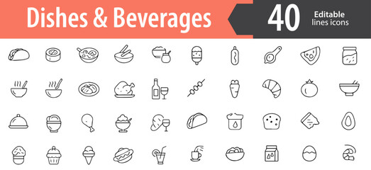 Dishes and Beverages Line Icons, Plate, Wine Glass, Coffee Mug, Fork and Spoon, Cocktail, Editable Formats: AI, EPS, PNG, Ideal for Both UI and Print Media Use

