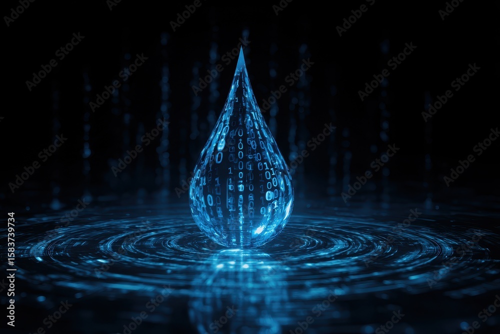 Poster digital blue water drop icon featuring binary code symbolizing data and technology in a modern desig