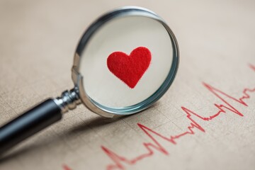 Exploring health and love through a magnifying glass revealing a heart and a heartbeat graph on a brown surface