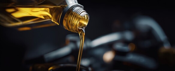 The bottle pouring golden oil onto a dark kitchen surface.