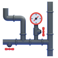 PNG 3D Industrial Pipes with Pressure Gauge and Valves Icon Isolated on a White Background