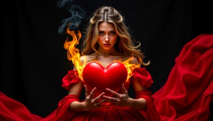 a woman in a dramatic pose with a fiery background, seemingly set ablaze by her own hands