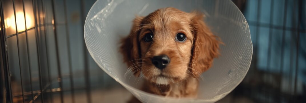 Puppy in Medical Cone Rests in Cozy Vet Cage Under Soft Top Lighting