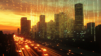 Futuristic Cityscape at Sunset with Data Stream Concept Visualization