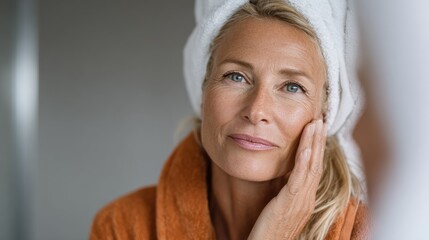 Attractive mid age older adult 50 years old blonde woman wears bathrobe and towel in bathroom touching face, looking at mirror doing daily beauty routine. Skin care treatment concept., no logos, no b