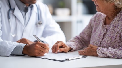 Indian male doctor consulting senior old patient filling form at consultation. Professional physician wearing white coat talking to mature woman signing medical paper at appointment visit in clinic.,