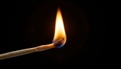 two perspectives of a lit match resting on a surface. the first view is from a high angle, providing an overview of the flame and its reflection on the background