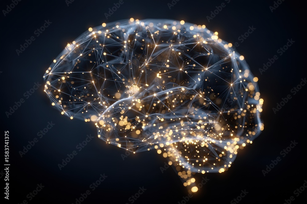 Poster digital brain glowing with connections illustrating neural networks in a dark background highlightin