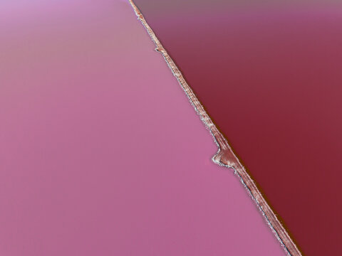 Aerial view of a vibrant, contrasting pink and maroon expanse, divided by a thin strip of land, Western Australia, Western Australia, Australia.