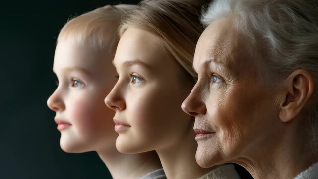 Aging journey of a woman face, reflecting the passage of time, showcasing visual transformations, from youth to maturity, highlighting natural evolution of beauty and wisdom throughout life stages.