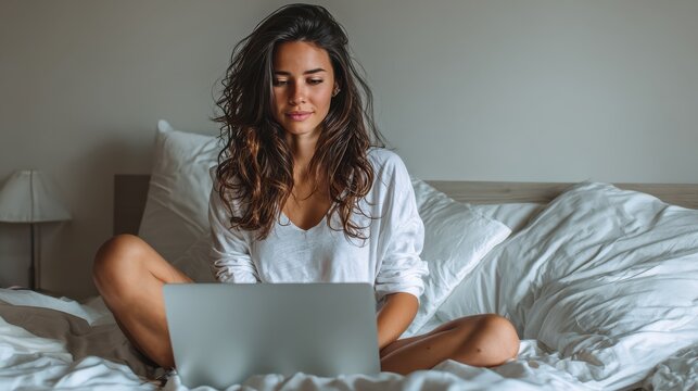beautiful girl working with laptop on the bed, work from home concept, no logos, no brands