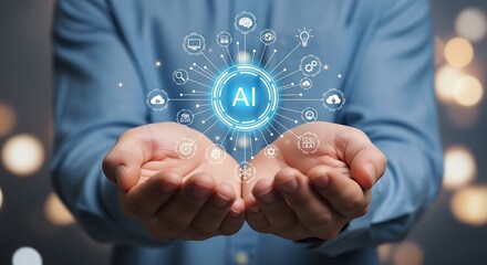 Artificial intelligence concept displayed in open hands and digital icons