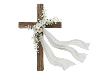 Isolated Wooden Cross Decorated with White Flowers and Drapery