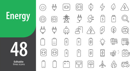 Energy Line Icons, Light Bulb, Solar Panel, Battery, Electricity, Renewable Source, Editable Formats: AI, EPS, PNG, Ideal for Both UI and Print Media Use
