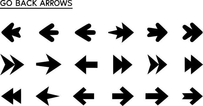 Set of go back arrows vector icons. Left direction. Return, previous, backward arrow. Pointer back. Vector 10 EPS.
