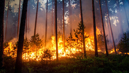 grandes llamas, fuego y humo en un incendio en un bosque en verano