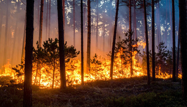 grandes llamas, fuego y humo en un incendio en un bosque en verano en el dia mundial de la prevenci&oacute;n de incendios forestales