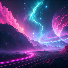 Cyberpunk City Street – Futuristic Neon Night Scene, Neon Cityscape – Futuristic Urban Street with Lights