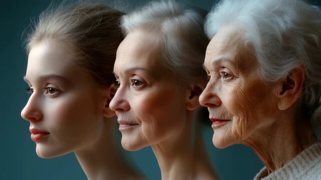 A woman aging process depicted through facial changes, emphasizing beauty of each stage, from youth to older years, capturing the grace and strength that evolve with time, marking a life journey.