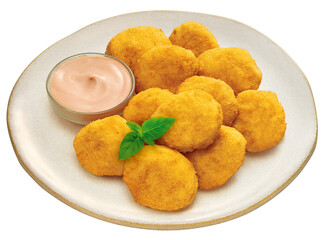 prato com pedaços de filé de frango empanados acompanhado de molho rosé isolado em fundo transparente