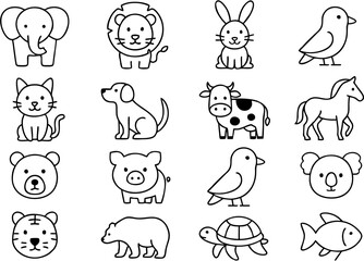 Cute Animal Vector Icon Set featuring wild, farm, and pet animals like lion, elephant, cat, dog, cow, bird, and fish&mdash;perfect for kids, education, and design themes.


